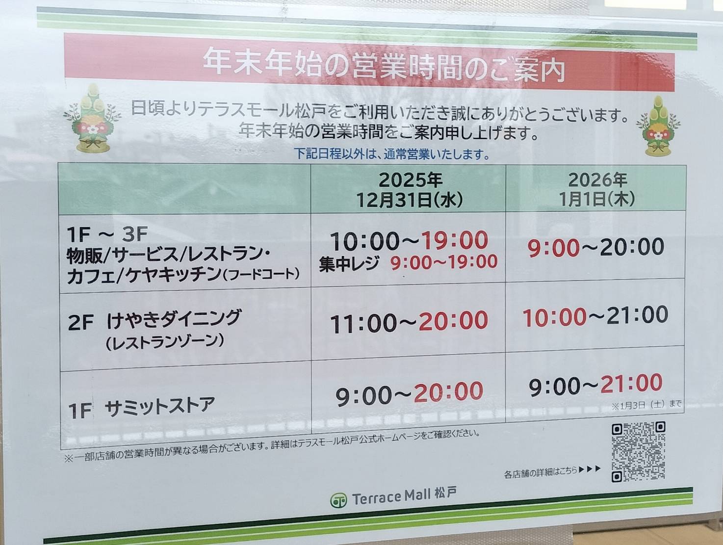 テラスモール松戸2025年末年始2026年元旦